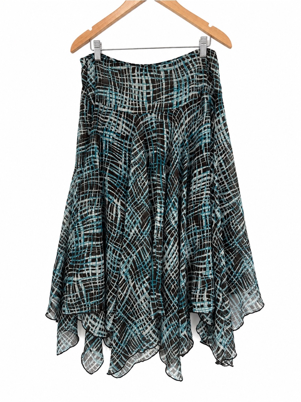 Nine West Blue Brown Geometric Skirt Size 8 Asymmetrical Midi Y2K